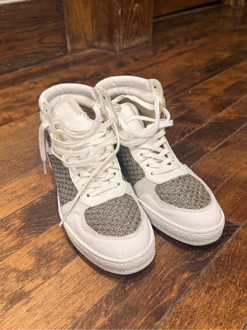 Women’s White High-Top Sneakers with Sparkle Knit Panels